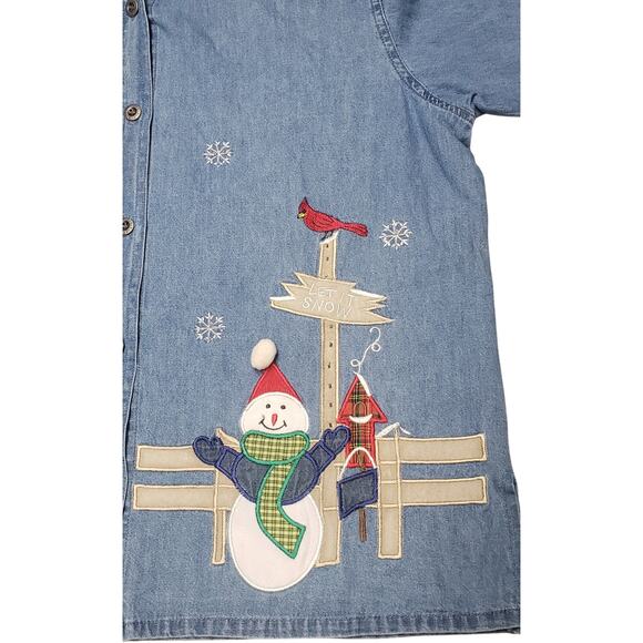 Dressbarn Holiday Top Womens Large Light Blue Button Down Snowman Festive Collar - Picture 7 of 10